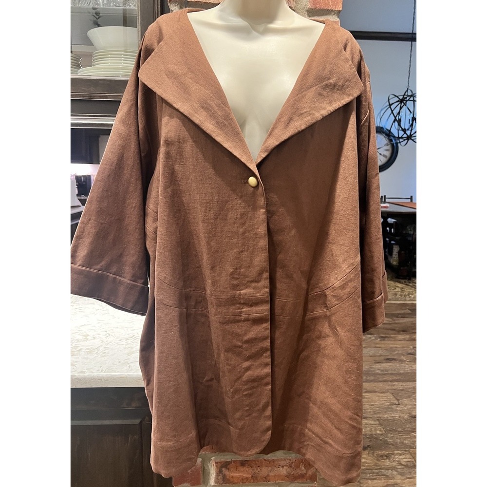 Ulla Popken 28/30 Brown Cardigan Blazer Linen Cotten Fall 3/4 Sleeve